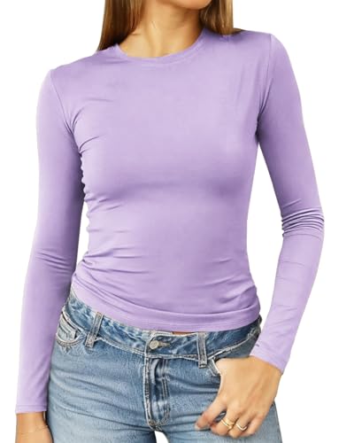Abardsion Womens Long Sleeve Shirts Spring 2026 Casual Basic Going Out Crop Tops Slim Fit Tight Y2K Clothes(Purple, M)