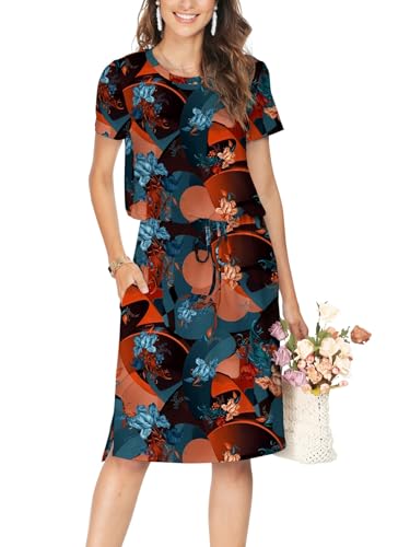Image of Simier Fariry Women Summer Short Sleeve Hide Belly Midi Casual Dress Floral Multicolour M