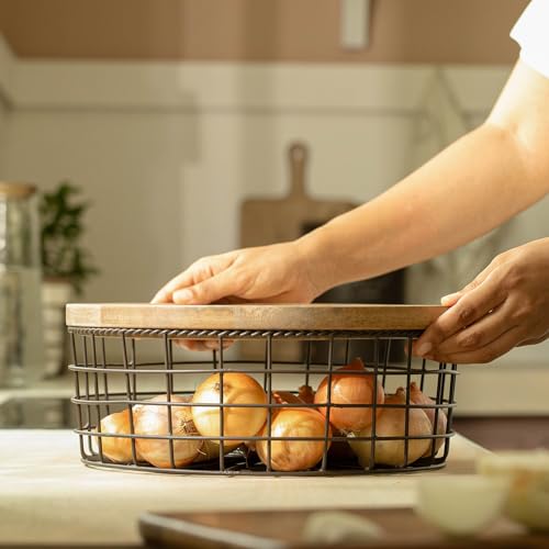 Image of Ellementry Twine Metal Wire Kitchen Vegetable Storage Basket with Wooden Lid, Fruit Basket for Pantry, Countertop Multi-Functional Fruit & Vegetable Organizer for Home & Kitchen Decor