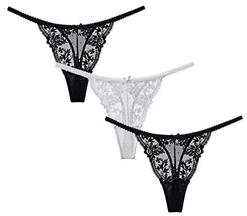 Sexy G String For Women T Back Floral Underwear Lace Thong Panties Retro See Through Sexy Thongs Black White M 3 Pack #TOP17