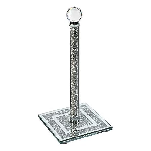 London Boutique Crystal Kitchen Roll Holders Free Standing Sparkle Crushed Diamond Filled Square base 11.8 Inches Height Gift Box Cover