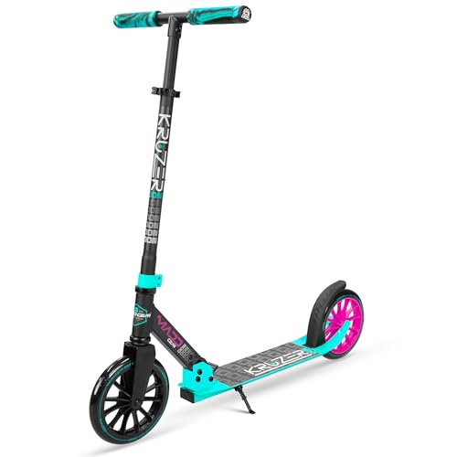 Madd Gear Kruzer 200 V2 Folding Kick Cruiser - Adjustable, Lightweight, 2 Wheeled Commuter Scooter for Riders Aged 8 Years and Up (Black/Teal)