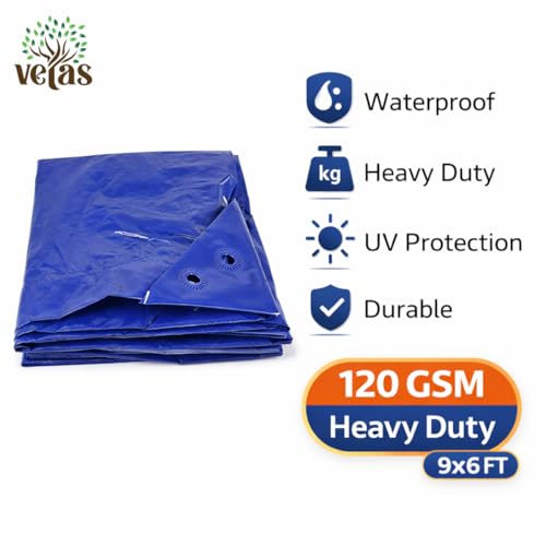 Image of VETAS Waterproof Tarpaulin Sheet 9 x 6 Ft | 120 GSM Blue UV Resistant Tirpal /Tadpatri | Heavy Duty, Tear-Proof, Reusable Cover with Eyelets for Roof, Outdoor, Camping & Vehicle Use