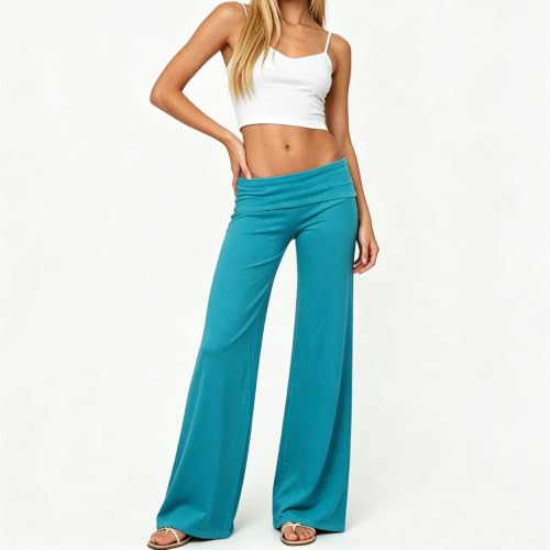 Image of Lounge Yoga Pants for Women Fold Over Low Waist Wide Leg Bell Bottoms