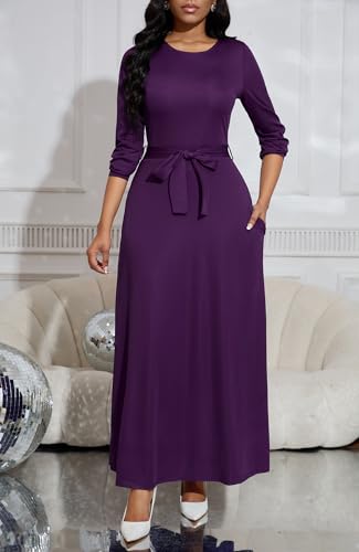 Image of BubFee Long Dress for Women Casual Long Sleeve Dresses Maxi Dress Empire Waist Loose with Belt