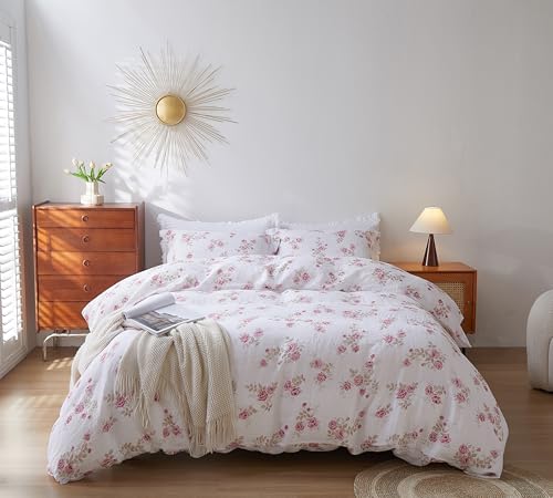 AORISSI 100% French Flax Linen Duvet Cover Set King Size, 3pcs Comforter Digital Botanical Printed Rose Farmhouse Floral Bedding with Button Closure and 8 Corner Ties(Pink Rose, King)