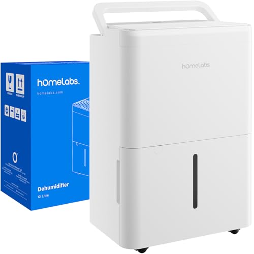 hOmeLabs 12L Dehumidifier – Quiet 37dB, 1.5L Tank, 100cm Drain Hose, Auto Defrost, Timer, Continuous Drain – Portable Moisture Remover for Bedroom, Bathroom, Closet, Laundry, Office