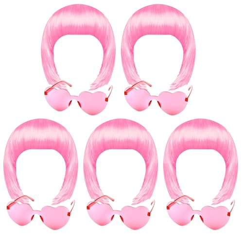 KUUQA 10 Pieces Pink Party Wigs and Sunglass Set, Pink Short Bob Wig Sunglass Pack Costume Colorful Cosplay Wig Daily Party Hairpieces for Bachelorette Neon Party Favors, Halloween and Decorations