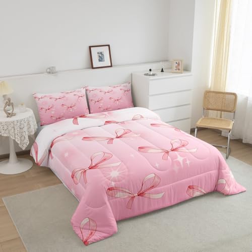 Manfei Pink Bowknots Comforter Set Toddler Size,Glitter Starry Bow Dreamy Bedding Set for Kids Teens,Princess Fairy Tale Theme Bow-tie Girly Down Comforter,Pink Duvet Insert,2 Pcs 1 Pillowcase