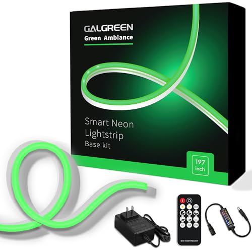Image of Neon Rope Lights, 16.4ft Rope Lights with Dimmable Remote and Adapter, Waterproof Flexible Smart Led Strip Lights for Bedroom, Super Bright, DIY Neon Sign, Indoors Outdoors Wall Decor, Green