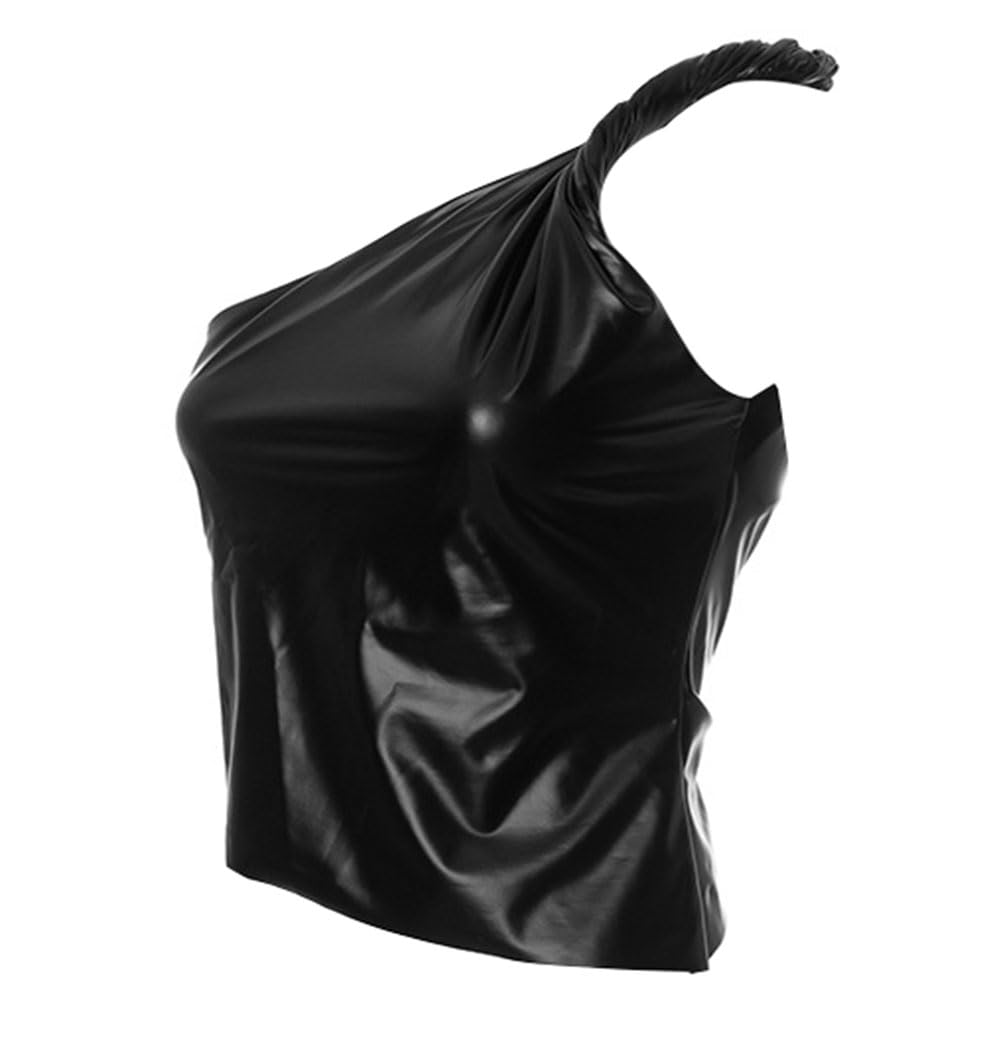 Canotta da donna in pelle PU crop top collo a lupetto senza maniche asimmetrico increspato una spalla plissettata t-shirt