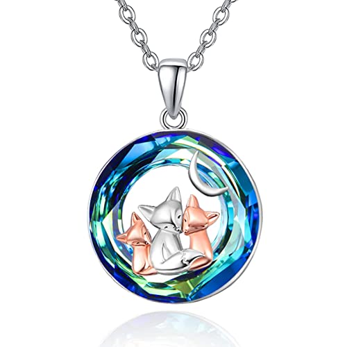 Dreamboat Fox Necklace For Women Sterling Silver Best Friend Foxes Necklace Cute Animals Fox Crystal Pendant Mama Family Fox Jewelry Cute Gifts For Girls,18"+2" Chain #TOP13