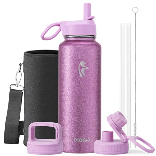Image of Coolflask 40 oz Water Bottle Insulated with Straw & 3 Leakproof Lids