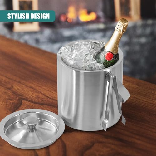 MTS Stainless Steel Ice Bucket with Lid & Tongs, Double Wall Insulated Wine Cooler, Stylish Polished Design for Parties, Perfect Champagne & Beer Bucket - Image 3