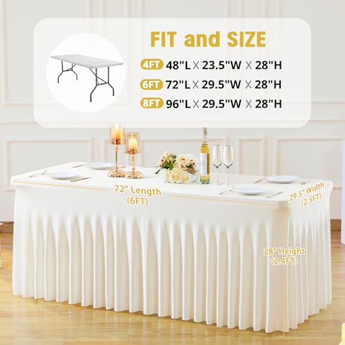 Besutolife 6ft Ivory Rectangle Tablecloth - Spandex, Wrinkle-Resistant, Ruffled Design - Perfect for Banquets, Parties, Wedding, Thanksgiving by Besutolife - Image 2