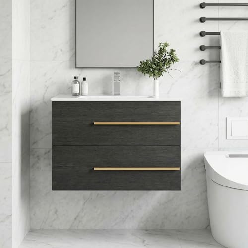 Chyanmoo 30 Inch Floating Bathroom Vanity with Sink, Wall Mounted Bathroom Cabinet with 2 Large Storage Drawers, Modern Bathroom Sink Cabinet with Ceramic Basin Combo, Metal Handle(Right)