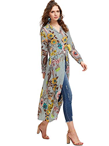 SheIn Women's Long Sleeve Button Up Stripe Floral Longline Blouse Shirt Cardigan X-Large Multicolor