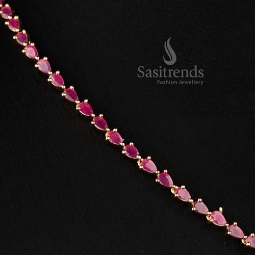 Image of Sasitrends Micro Gold Plated American Diamond Ruby stone Studded Necklace Jewellery Set