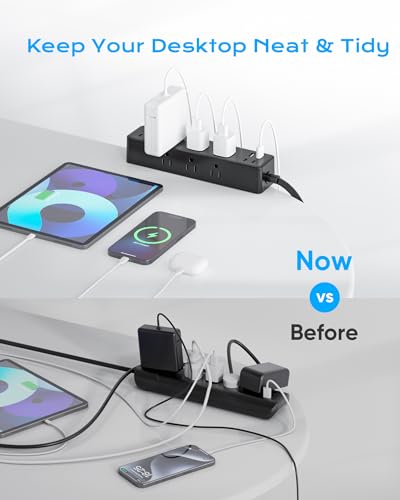 Image of Flat Plug Desk Clamp Power Strip 10FT, 24W Total Charging Station, Desk Edge Mount Power Strip 9 AC Outlets 8 USB Ports Surge Protector, Fit 1.7 inch Tabletop Edge, Home Office Accessories