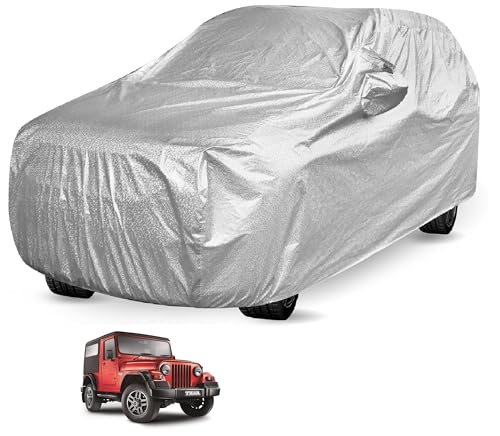 Image of Auto Hub Waterproof Car Cover Compatible with Mahindra Thar with Mirror Pockets, Soft Cotton Lining, Thar Car Cover Waterproof, Metallic Silver