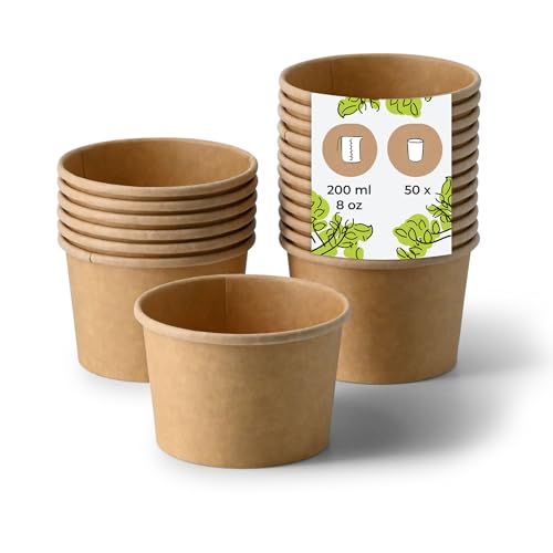 BIOZOYG Taza de Sopa 50 pieza 200 ml / 8 oz, Ø 90 mm, marrón - Taza grande, vasos carton - Vasos y platos desechables - Poke bowl, ramen bowl, vasitos aperitivos, cuenco sopa
