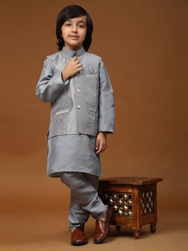 Image of Pro-Ethic Style Developer Kurta Pajama For Kids Boys With Waistcoat | Silk | Floral | Traditional Dress (S-200)