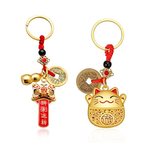 RAOPNHS Ensemble de 2 Porte-clés Chat et Danse du Lion Porte-bonheur avec Pièces Feng Shui en Laiton pour la Prospérité, le Succès et la Protection sur Porte-clés, Sac ou Décoration Cadeau