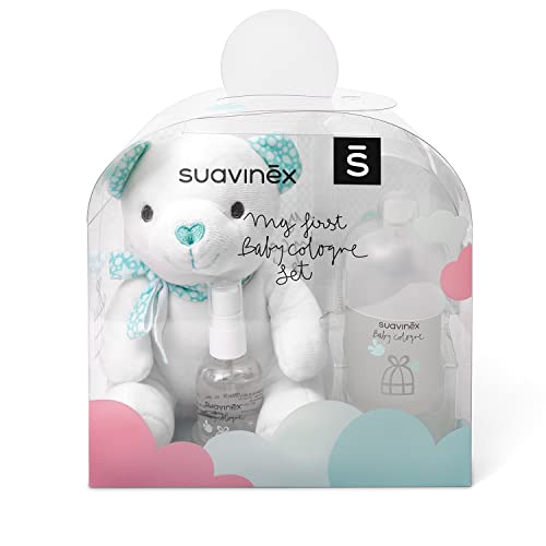 SUAVINEX Set Regalo Baby Cologne Recién Nacido, Incluye: Baby Cologne 100 ml + Baby Cologne 50 ml Formato de Viaje + Osito de Peluche, Colonia para Bebé Baja en Alcohol