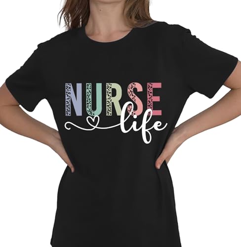 Image of Women Nurse Shirts Nursing Life Letter Short Sleeve Register Nurses Inspirational Tee