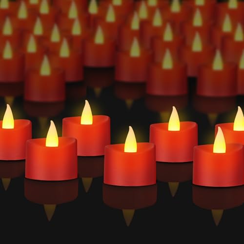 Image of 50 Pack Realistic Flameless LED Tea Lights with Red Base, Battery Operated Fake Candles with Flickering Moving Flame, Electric Votives for Valentine's Day, Wedding, Christmas, Romantic Decor