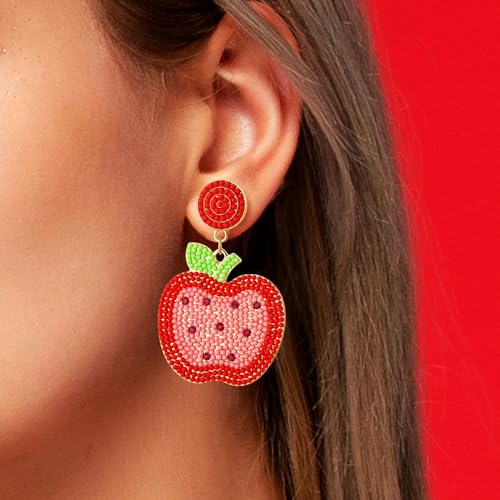 Kokoma Beaded Teacher Earrings for Teacher Apple Dangle Drop Stud Earrings Handmade Colorful Beads Back to School Decorations Teacher Appreciation Gift2