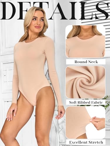 Kefiyis Body Damen Langarm Rundhals Bodysuit Langarmbody Elegant Bodys Tanga with Druckknöpfen Elastischer Basic Damenbodys für Alltag Büro Layering Look Nude M