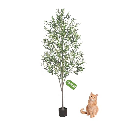 TUXOIUBA Artificial Olive Tree, 180cm Tall Faux Silk Plant with Natural Wood Trunk and Lifelike Fruits for Home Office Decor, Indoor Fake Potted Tree for Modern Home Office Indoor Outdoor Decor