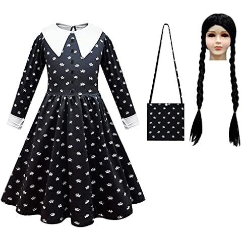 Eledobby Girls Wednesday Addams Dress Costume with Wig/Bag Peter Pan Collar Long Sleeve Black Dresses Kids Cosplay Fancy Dress Halloween Party Outfits 7-8 Years Cover