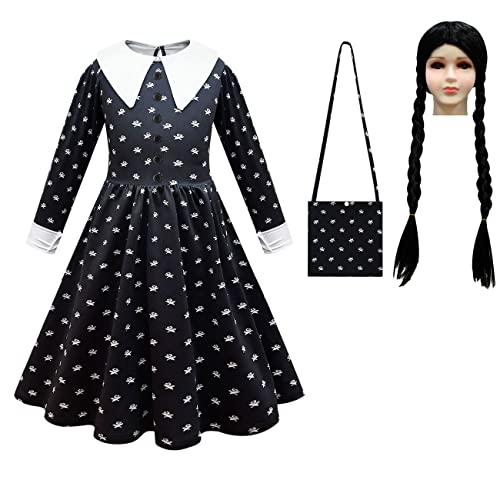 Eledobby Wednesday Addams Kleid Kostüm für Mädchen mit Perücke/Tasche Peter Pan Kragen Langarm Schwarz Kleider mit Blumenmuster Kinder Cosplay Fancy Dress Halloween Party Outfits 7-8 Jahre Cover