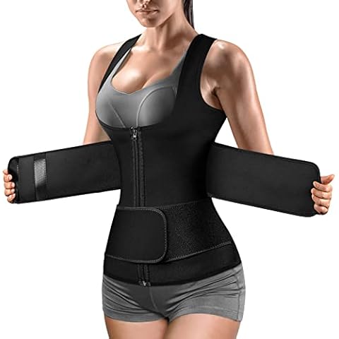 Cimkiz Waist Trainer for Womens Workout Tops Sauna Suit Sweat Vest for Women Weight Loss Waist Slimmer 2 in 1 Belt with Zipper Cover