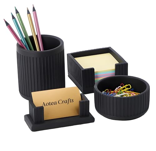 Set of 4 - Concrete Desk Accessories For Modern, Industrial, Minimalist Office Decor- Aesthetic Desk Organizers Accessories For Women or Men- Pen, Business Card Holder & Sticky Note, Paper Clip Holder