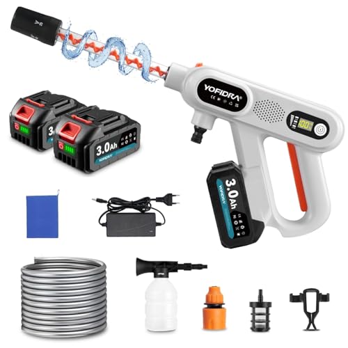 Yofidra Pistola de Agua a Presión con Batería, Hidrolimpiadora Portatil 3 Velocidades (20/60/80Bar), Máximo 200Bar, 2 Baterías 3,0Ah, Boquilla 5 en 1, Alcance 10m para Coches, Jardín