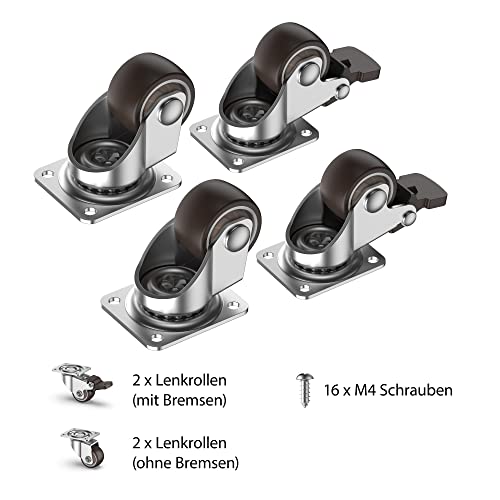 25mm Möbelrollen klein 4er Set Lenkrollen mit Bremsen Rollen für möbel klein mit 40kg Gesamtkapazität (2 Gummirollen mit Bremsen und 2 ohne)