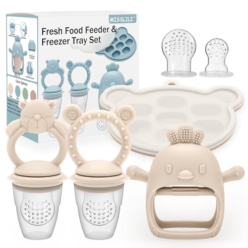 Image of 4 Pack Silicone Teething Mitten for Babies with Baby Fruit Food Feeder & Freezer Tray Set, BPA Free Infant Teething Relief Toy for 3 Month+, Additional Silicone Sacs (Bear&Smile Beige)