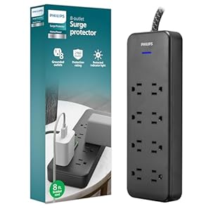 Philips EZFit 8-Outlet Surge Protector Power Strip, 8 Ft Braided Extension Cord, Widely Spaced Outlets, Flat Plug, for Home Office Dorm Essentials, 2160 Joules, Black, SPP3673B/37