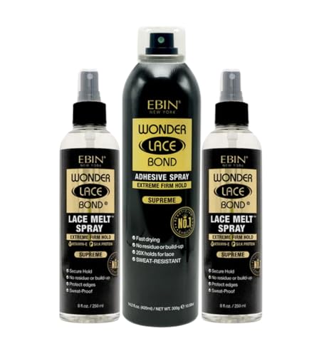 EBIN NEW YORK Hair Styling Essentials – Wonder Lace Bond Lace Melt Spray Bundle with Wig Adhesive Spray Supreme Seamless Blending & Hold – Gift Set (3 Items)
