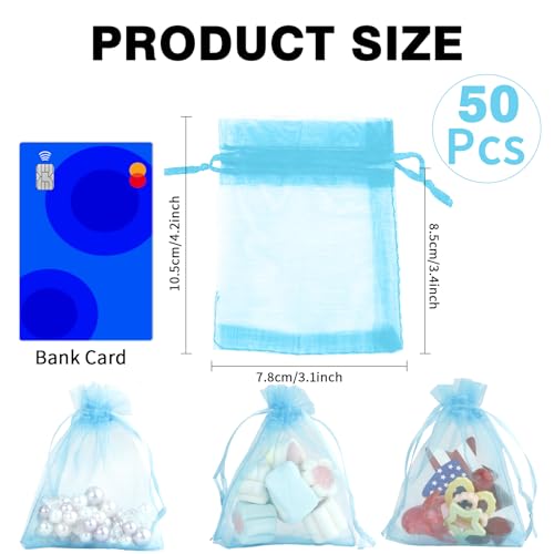 Image of Sheer Organza Bags - 50 Pcs, Small with Drawstring, Jewelry Gift Bags for Parties & Weddings, Mini Candy Bags, Lake Blue