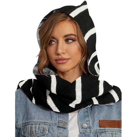 Zilcremo Women Winter Knitted Hooded Long Scarf Warm Shawl Wrap Head Scarves Blackstripe One Size Cover