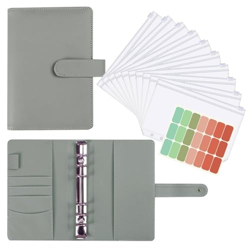 【ジッパー現金封筒付き】A6 予算バインダー 家計簿 財布 収納 マネーオーガナイザー PUレザー キャッシュエンベロープ ラベル付き 節約 貯金 費目管理 レシート整理 現金管理 手帳サイズ ラップトップ バッグイン コンパクト (グレー,シール+ジッパ