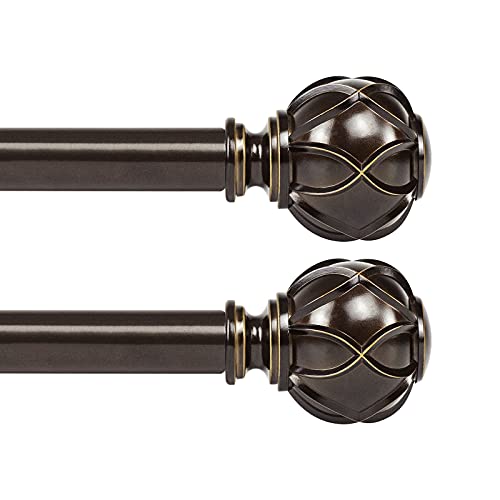 KAMANINA 1 Inch Curtain Rod Telescoping Single Drapery Rod 28 to 48 Inches (2.3-4 Feet), 2 Pack Antique Bronze Curtain Rods for Windows 16 to 44 Inches, Netted Texture Finials Antique Bronze