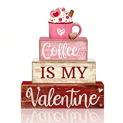 4Pcs Valentine's Day Table Decor, Pink Heart Tiered Tray Wooden Decoration, Tabletop Centerpiece Love Signs Gift, Farmhouse Decoration for Valentine's Day Home Kitchen and Party Decor