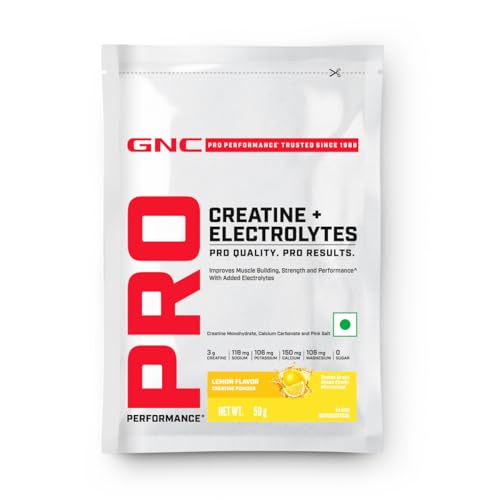 Image of GNC Creatine+ Electrolytes | 3g Creatine Monohydrate + Sodium, Potassium, Calcium, Magnesium | Boosts Muscle Growth, Hydration, Energy & Recovery | Zero Sugar | 100% Veg | 50g | Lemon