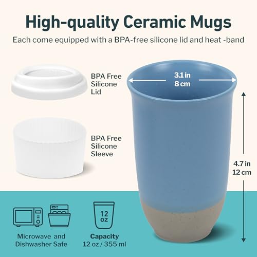 Image of NOVA CERAMICS Travel Mug - Ceramic Coffee Mug With Lid - Microwave & Dishwasher Safe Coffee White & Grey Tumbler - Fits In Cup Holder - 12oz - Coastal Drift