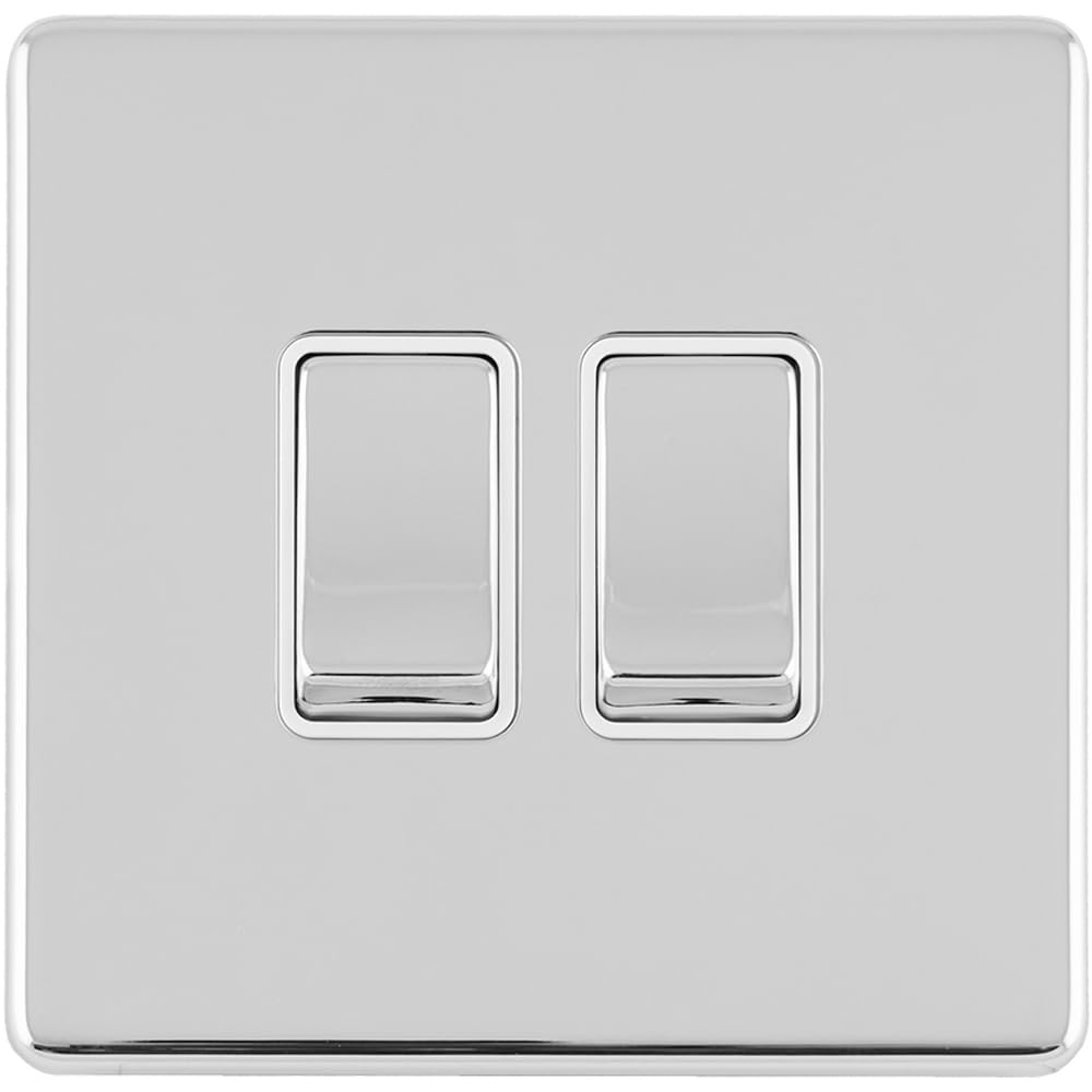 B&Q -  2 Gang Double Light Switch Screwless Polished Chrome 2 Way 10A Metal Rocker Slim
